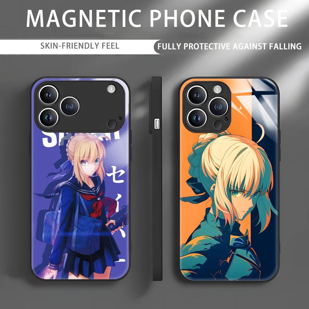 Apple Iphone 16 - アニメ「Fate」Saberのスマホケース iPhone 17、16、e、15、14、13、12、11、X、XR、XS、Plus、Mini、Pro、Max対応 ガラス製マグネット式スマホケース
